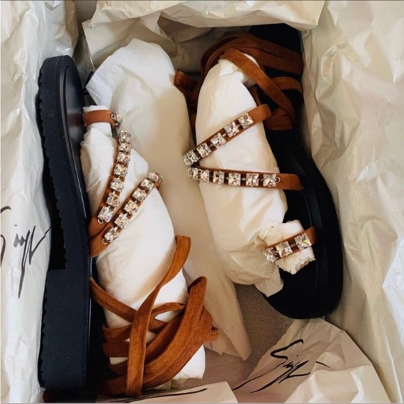 Giuseppe Zanotti Brown Suede Crystals Ankle Wrap Strap Suede Sandals 6 - Picture 3 of 9